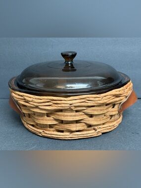 Vintage Pyrex Smoked Glass Casserole Dish w/ Basket, Lid & Leather Handle